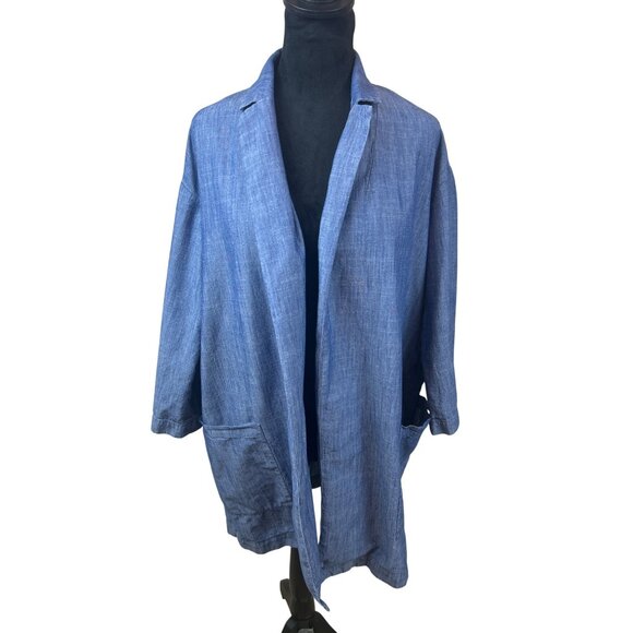 Eileen Fisher Blue Open Front Long Cardigan Jacket S/P Cotton Tencel Lagenlook - Picture 2 of 13